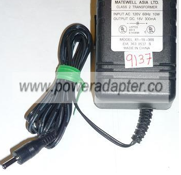 MATEWELL 41-18-300 AC ADAPTER 18VDC 300mA USED -(+) 1x3.4x9.9mm - Click Image to Close